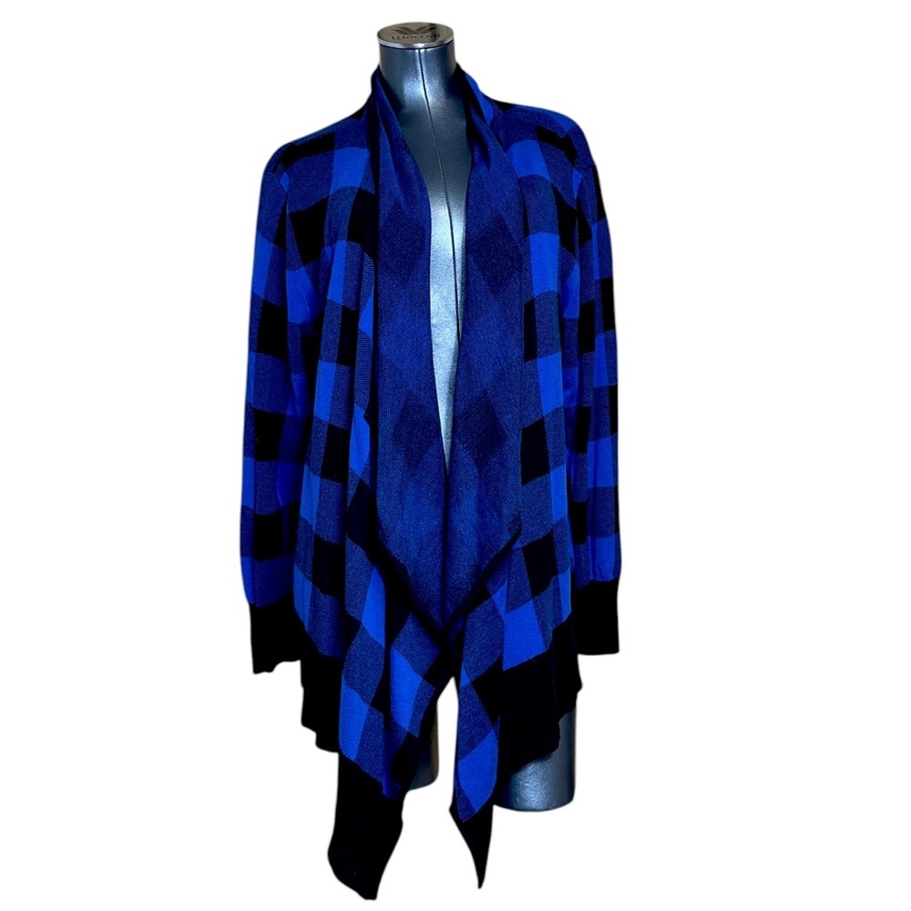 Foxcroft Women’s Cardigan Open Front Blue Black Plaid Women's Sweater 1x